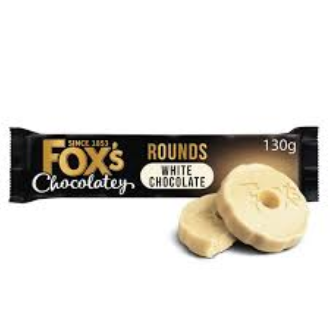 FOXS CHOCOLATEY WHITE CHOC ROUND 130G